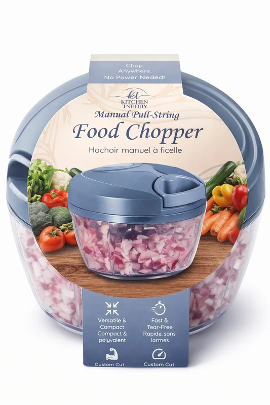 Manual Food Chopper, Pull String Vegetable and Meat Mincer with Clear Container, Hand-Powered Kitchen Processor